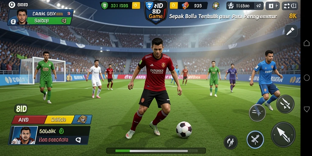 Screenshots permainan 8ID menampilkan aksi sepak bola yang mendebarkan.