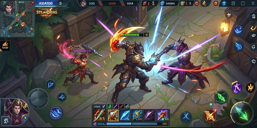 Screenshot gameplay ASIA100 menampilkan aksi seru dalam pertandingan MOBA.