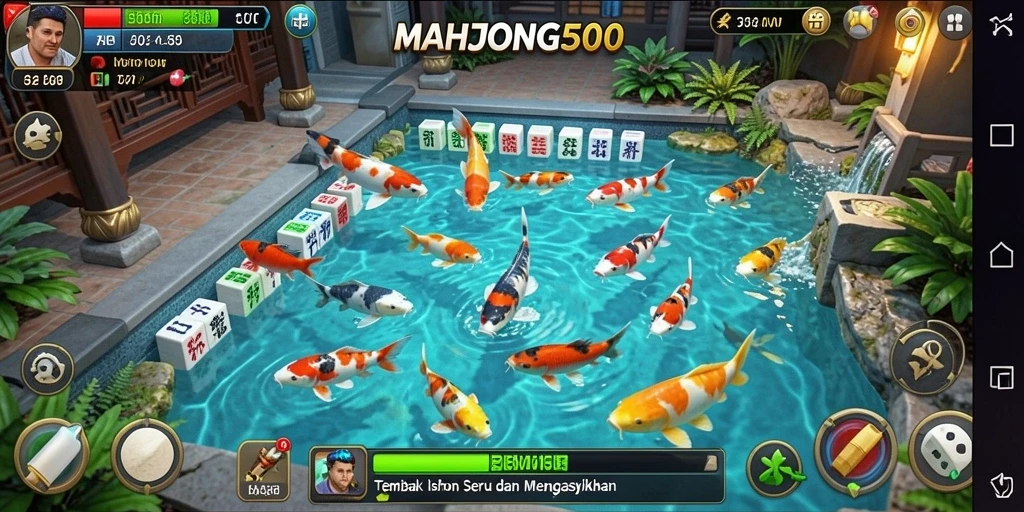 Tampilan menarik dari gameplay MAHJONG500 dengan aksi Tembak Ikan yang seru.