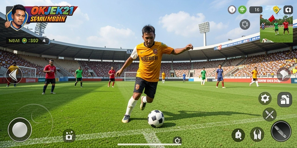 Tampilan gameplay seru OKJEK21 dengan aksi sepak bola yang menegangkan.
